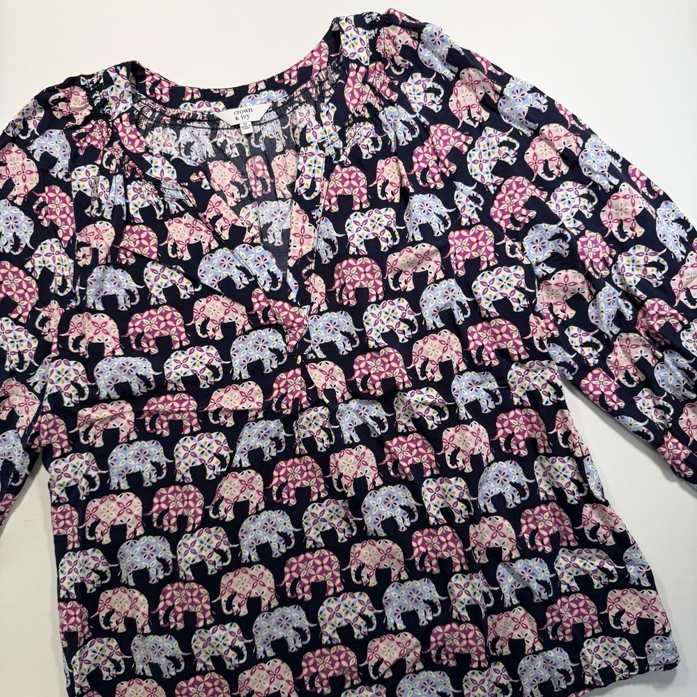 Crown & Ivy M Peasant Top 3/4 Sleeves Elephant Print Blue Pink Boho